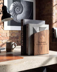 Wooden and metal bookend with black metal