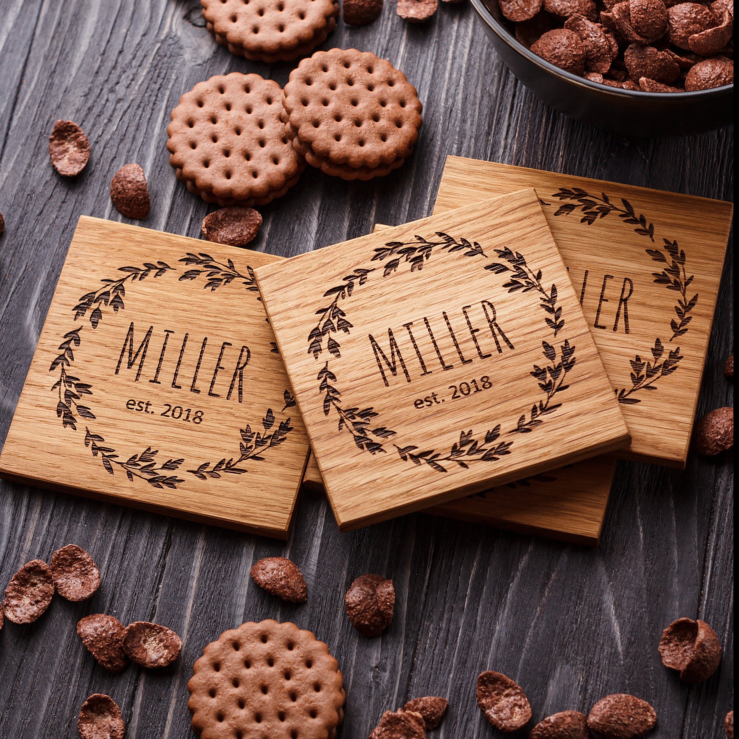 Personalied Corporate Gift Drink Coasters Engraved on a Walnut