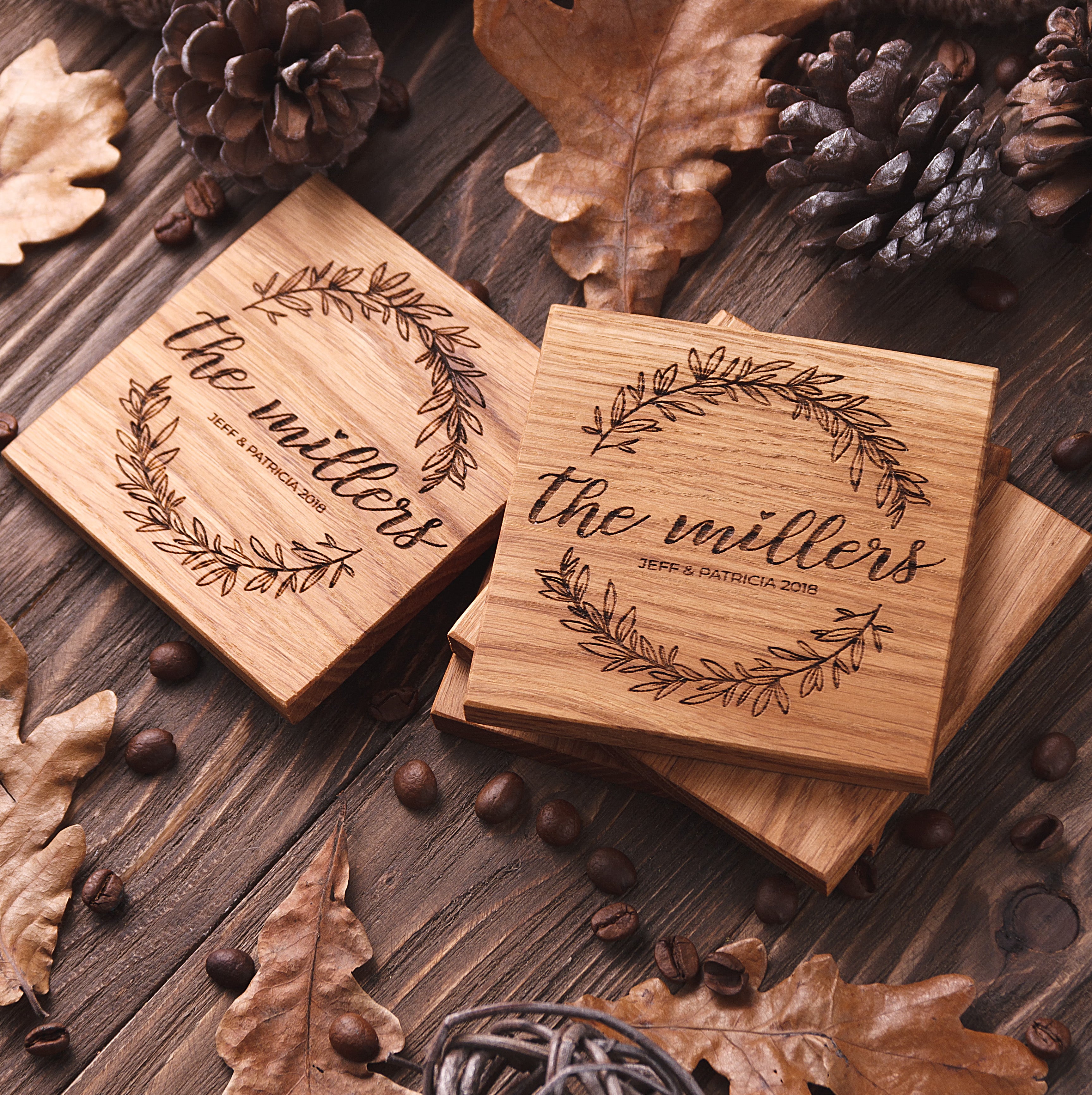 Personalied Corporate Gift Drink Coasters Engraved on a Walnut