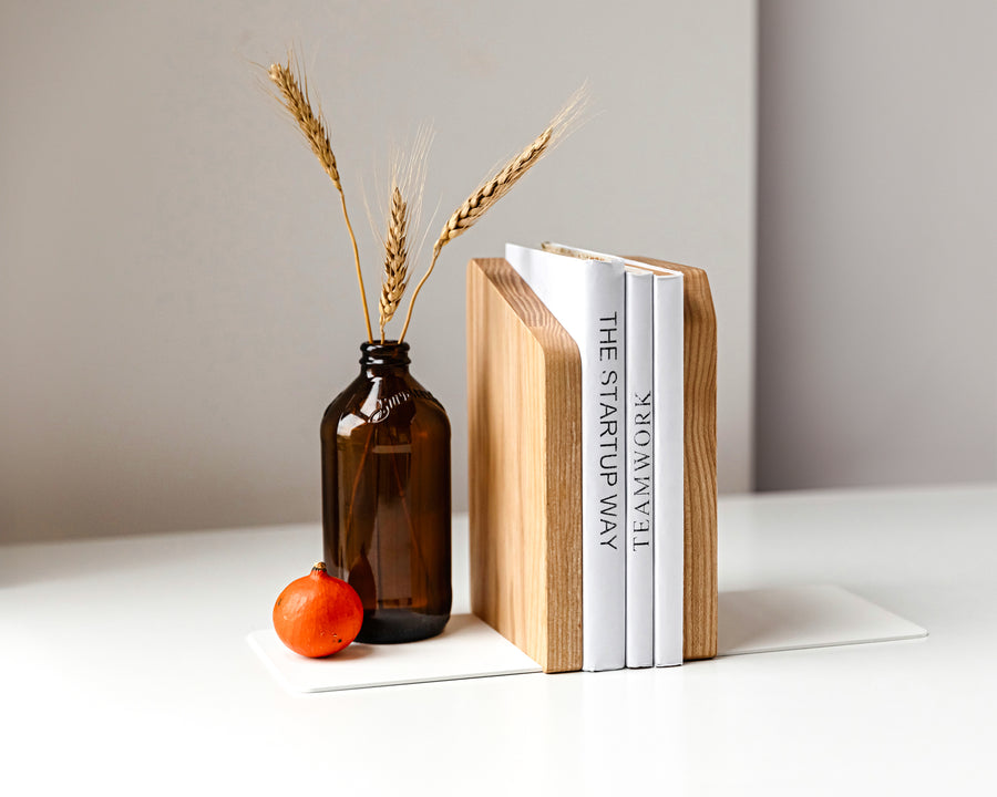 Wooden and metal bookend with white metal