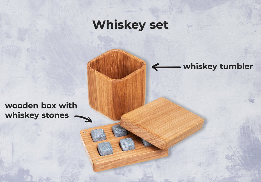 Wooden tumbler with box & stones